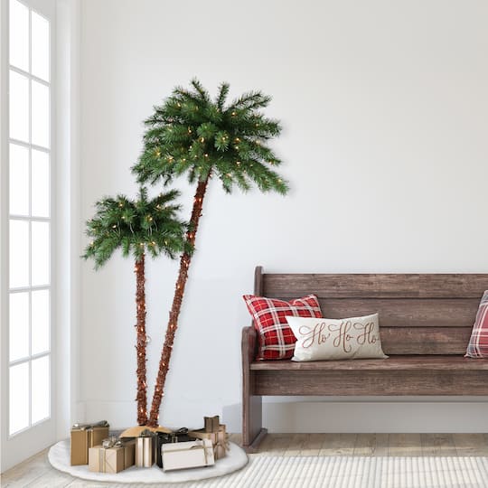 3.5ft. & 6ft. Double Trunk Pre-Lit Artificial Palm Tree, Clear Lights